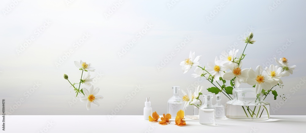 Poster a white table adorned with cosmetic oil laboratory dishware and flowers providing ample space for ad
