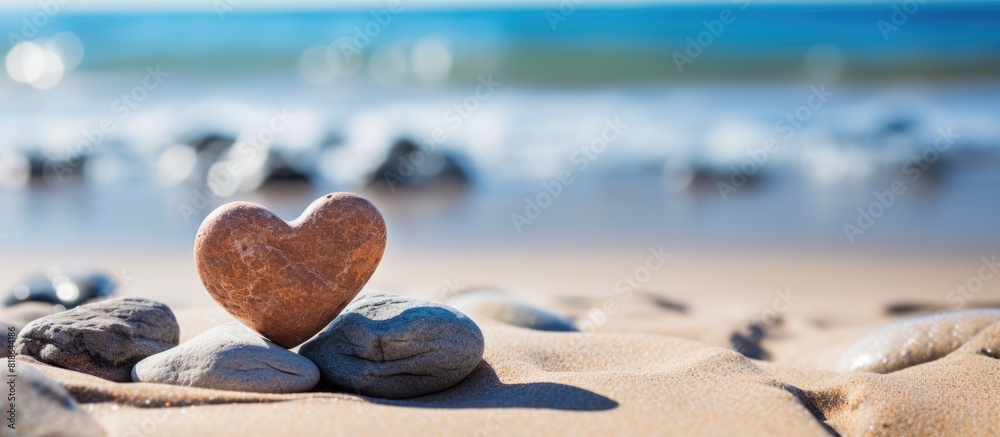 Aufkleber a copy space image of two hearts made of stone resting on the sandy beach
