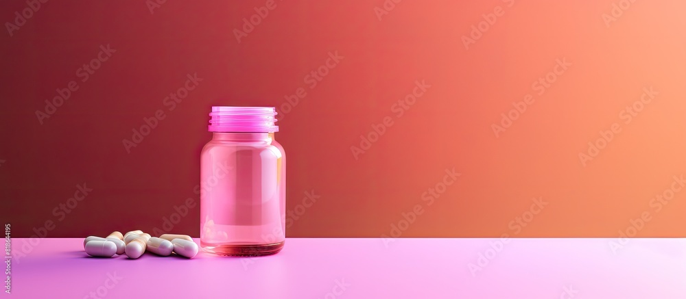 Poster Copy space image featuring a pink background with a pill and injection bottle