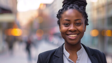 Obraz premium A woman with a big smile on her face is standing in front of a building. She is wearing a black jacket and shirt. Young black African American business woman in city walking street smiling happy face
