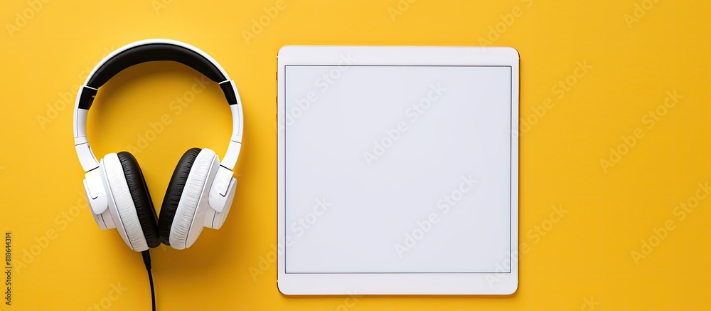 Poster On a yellow background there is a flat top view of a tablet with white headphones and microphone allowing for copy space in the layout
