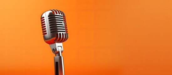 A modern microphone on an orange background with ample copy space for text or images