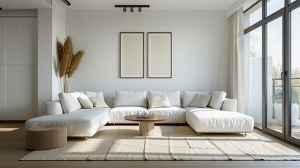 Fototapeta premium Minimalist Living Room with clean white walls, a sleek sofa, a simple coffee table