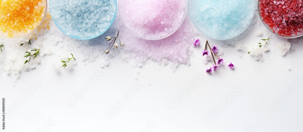 Poster Top view of a composition with bath salts on a white background creating a captivating spa treatment image with ample copy space