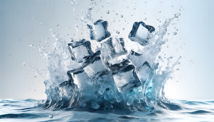 Icy Refreshment! 3D Render Captures Water Splashing with Ice Cubes, The Science of Cool: 3D Render Explores Water Dynamics with Ice Cubes