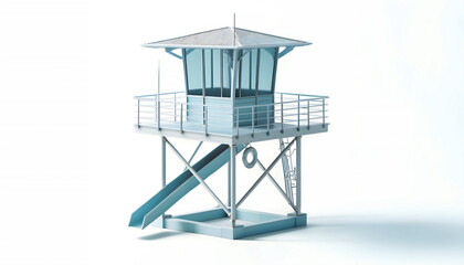 3D Rendering of Lifeguard Tower: Cool Blue and Pale Gray Design on White Background