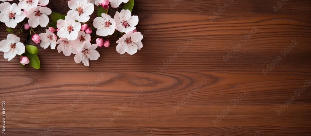 Aufkleber Top view of a brown wooden background with a bouquet of cherry blossoms and an empty space for text on the right copy space image