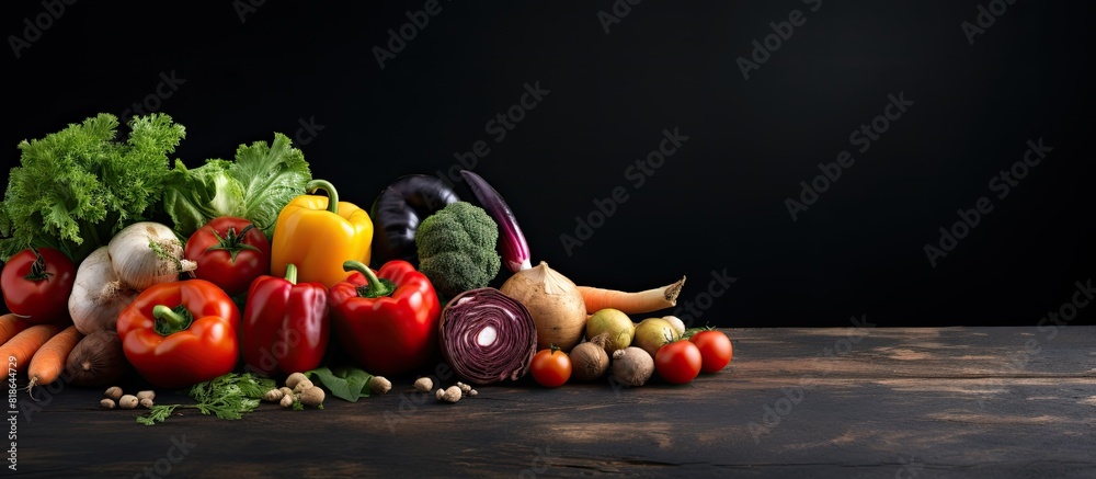 Poster copy space image of fresh farmer vegetables on a dark beton table creating a vibrant food background
