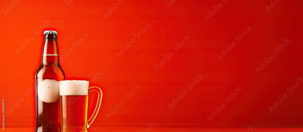 Poster copy space image of a bottle and beer mug placed on a vibrant red background