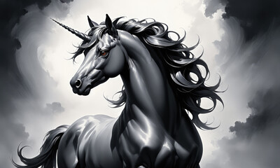 Fantasy Illustration of a wild unicorn Horse. Digital art style wallpaper background in pastel colors.