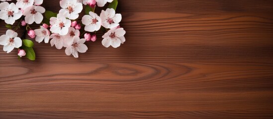 Top view of a brown wooden background with a bouquet of cherry blossoms and an empty space for text on the right copy space image