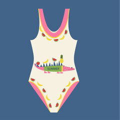 Flat Design Illustration and Swimsuit Crocodile, Fruit Pattern