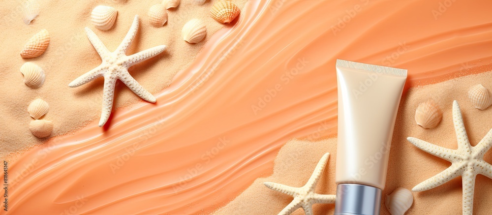 Poster flat lay image showing sun protection care with sunscreens and starfish on a coral background with a