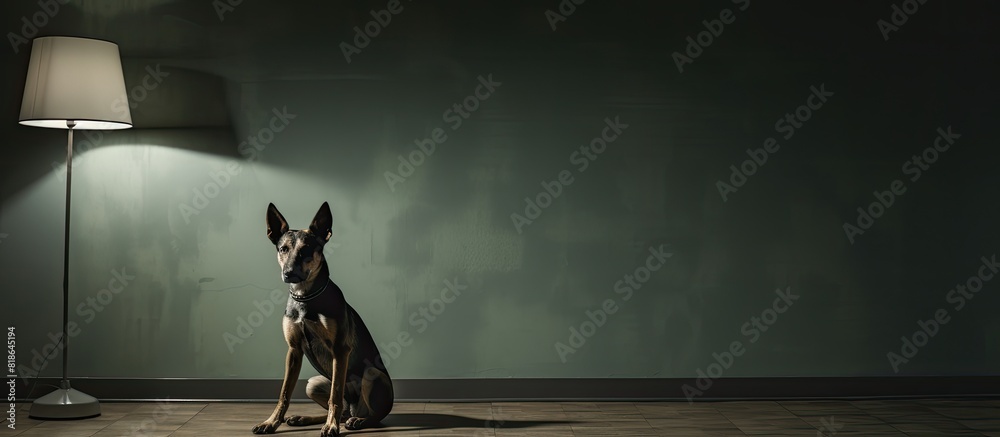 Poster in a dimly lit room there is a striking dog with captivating mismatched eye colors ample space is av