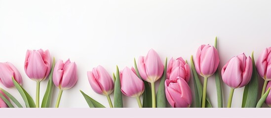 A spring greeting card with retro vintage style featuring pink tulips on a white background providing copy space for images