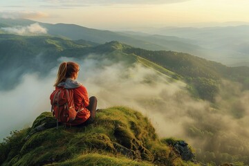 A woman on top of a lush green mountain gazing at a beautiful valley view shrouded in mist at sunrise, hiking travel.