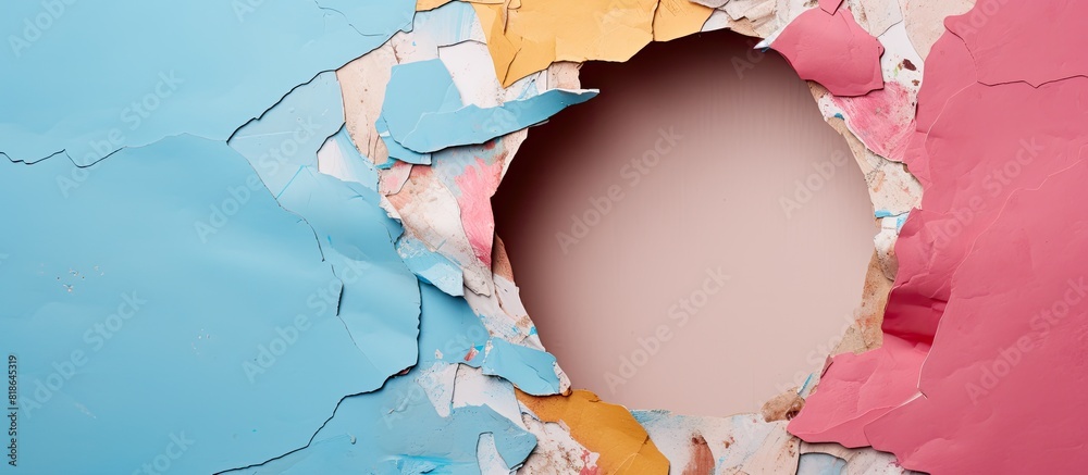Poster A round hole is visible in a colored cardboard with torn paper in the background serving as a textured copy space for advertising text