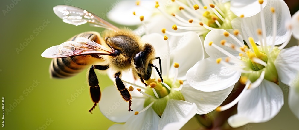 Sticker A bee on a white flower busy gathering pollen and nectar for its hive with copy space image