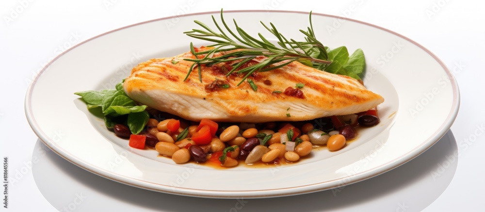 Poster a delicious meal consisting of chicken breast beans and a copy space image