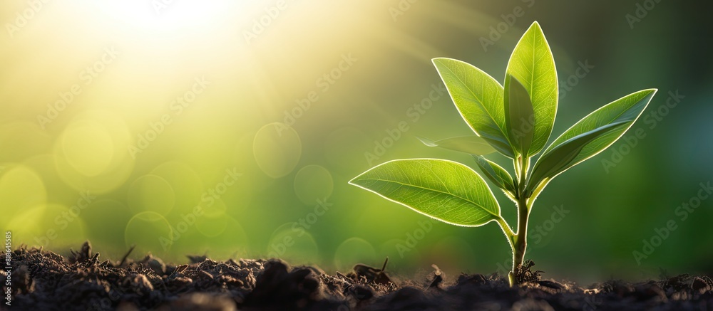 Poster close up macro image of a fresh sprout on a tea plant in the morning sunlight displaying its beautif