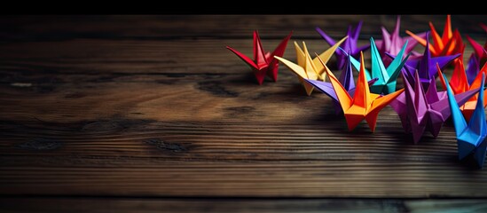 Colorful origami cranes arranged on a dark wooden surface with ample copy space for an image