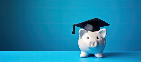 An adorable piggy bank dressed in a graduation cap placed on a blue background representing education savings Copy space image 101 characters