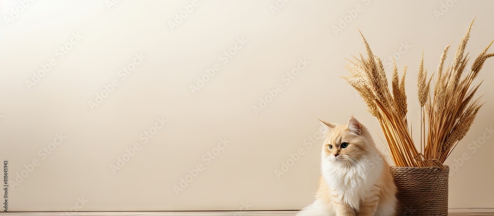 Poster Cute khao manee cat sitting next to spikelets indoors providing a blank space for text Lovely and fluffy pet. with copy space image. Place for adding text or design