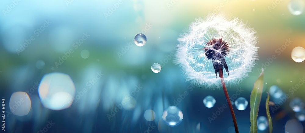 Poster abstract and nature postcard featuring a dandelion with a water droplet the vibrant backdrop provide