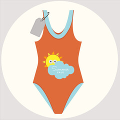 Flat Design Summer Sale Illustration and Swimsuit at Sun,Cloud Pattern