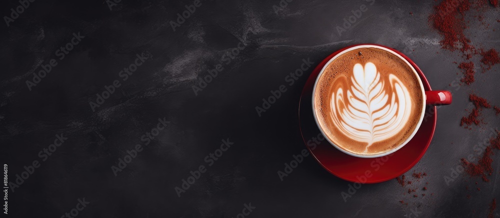 Poster an overhead view of a red cup filled with hot latte coffee topped with a beautiful milk foam latte a