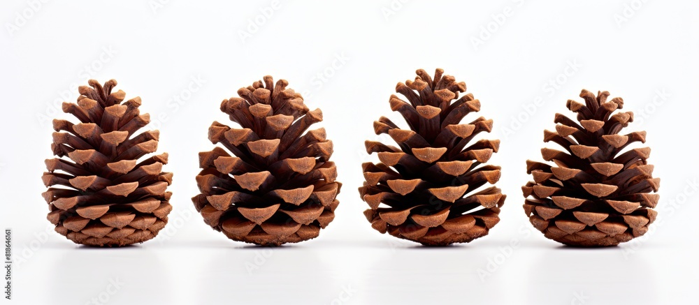 Poster a front view copy space image of three isolated pinecones each displaying a rich brown color set aga