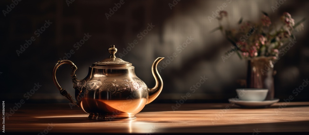 Poster An elegant teapot placed on a bright table in a well lit room creating a photograph with ample copy space image