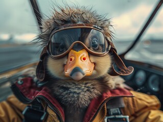 Adorable penguin chick wearing aviator goggles and jacket, sitting in an airplane cockpit. Ideal for playful and whimsical visuals.