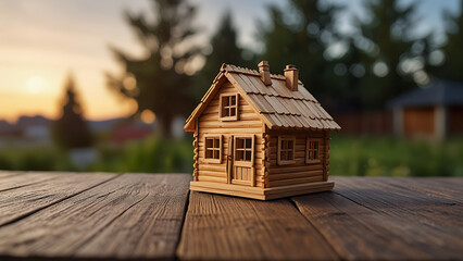 Green and environmentally friendly housing concept. Miniature wooden house Real estate concept