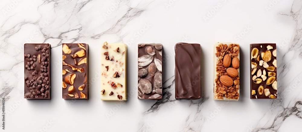 Poster Top view of delicious chocolate bars with nougat displayed on a white marble table creating a visually appealing copy space image