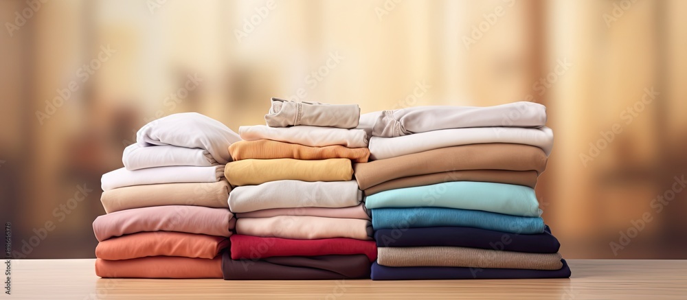 Poster close up image of a stack of folded clothes on a light wooden table providing ample copy space