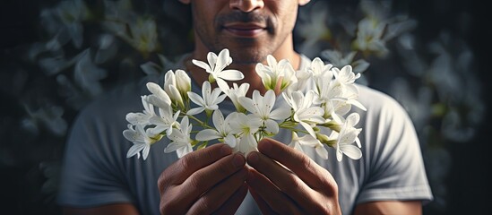 A man holding a close up image of white jasmine flowers. with copy space image. Place for adding...