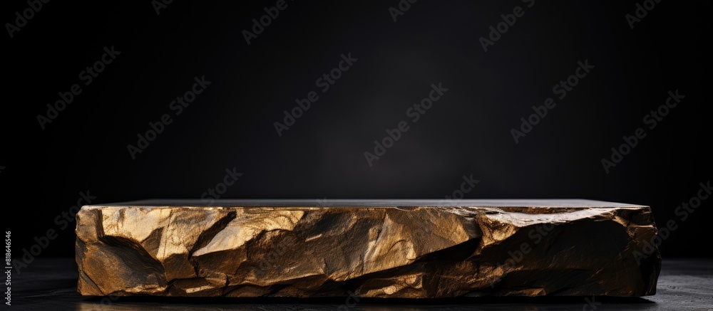 Aufkleber A podium made of bronze stone adorned with gold leaf is set on a sleek black background This minimalistic display creates a perfect scene for presenting products with plenty of copy space for showcasi