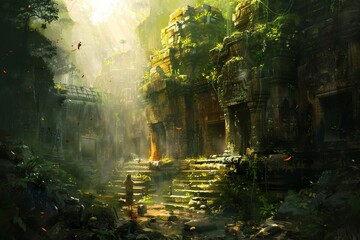 adventure explorers ruins ancient jungle mysterious dramatic lighting foliage overgrown concept art digital painting discovery archaeology 