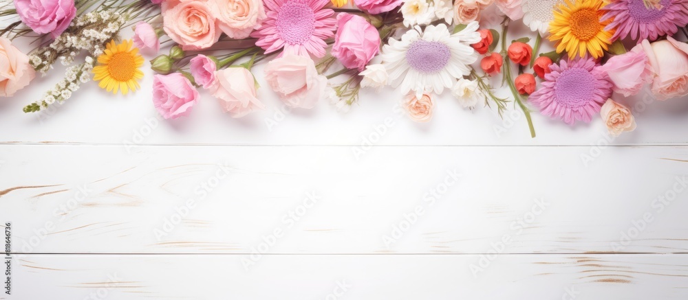 Poster there is a blurry abstract background with a copy space image showcasing beautiful flowers on a wood