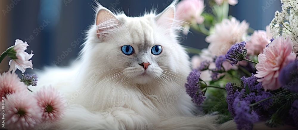 Poster a british cat with white fur can be seen in the vicinity of some flower bouquets copy space image