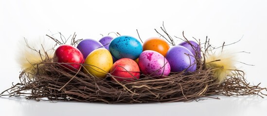 Fototapeta premium A copy space image of Easter eggs arranged in a nest against a white background capturing the essence of Easter day