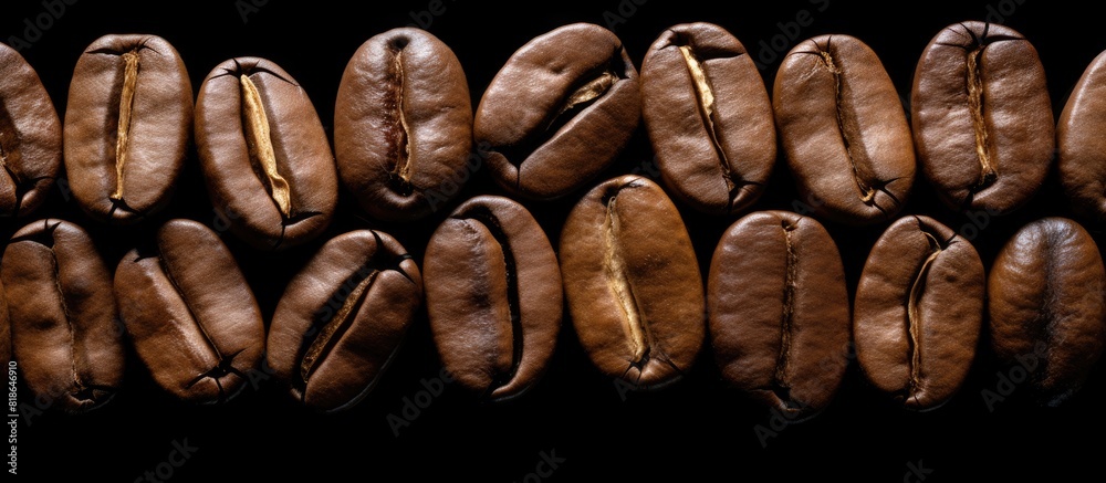 Poster Aromatic roasted Arabica coffee beans arranged to resemble lips on a white backdrop Perfect for adding text or graphics. with copy space image. Place for adding text or design