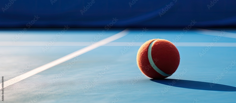 Poster a copy space image of a blue paddle tennis court with a ball positioned on the lines captured in a c