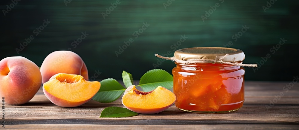 Poster Copy space image of delicious peach jam displayed on a rustic wooden background