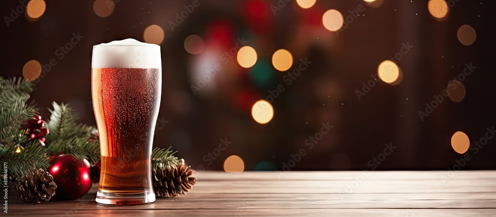 Poster christmas themed pint of stout beer with festive decorations suitable for use in promotional materia