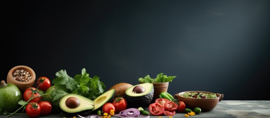 On a gray background there is a copy space image featuring various ingredients used in Mexican cuisine including guacamole