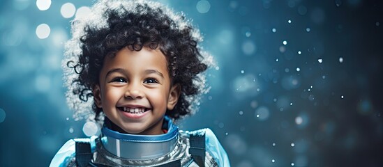 Copy space image of a joyful mixed race boy in a space suit pretending to be an astronaut on a blue backdrop adorned with handcrafted white stars showcasing his imaginative and creative side during hi