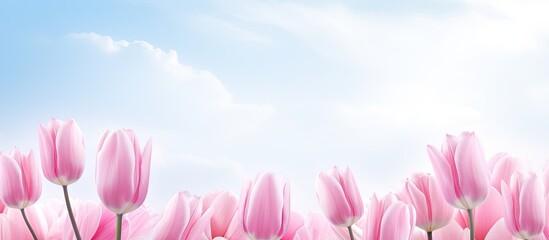 Pink tulips are in full bloom creating a beautiful copy space image