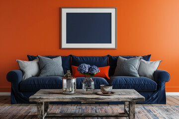 Single frame on a bright orange wall, navy blue sofa, rustic coffee table; high-resolution 3D.